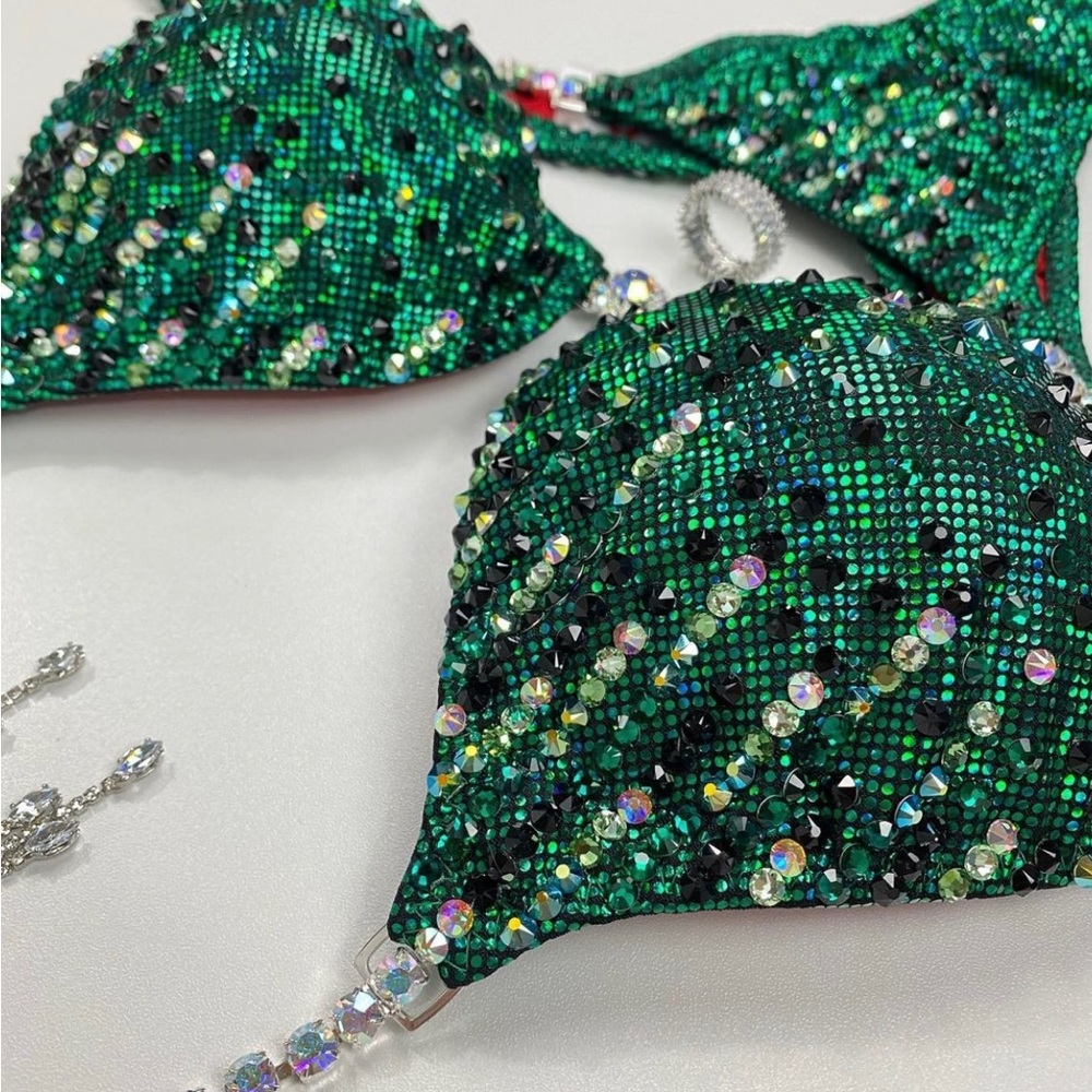 Green bikini competition suit . Matrix effect